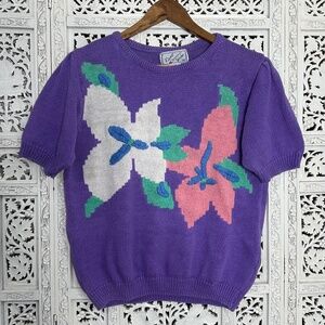 Vintage Recent Works Purple Floral Pastel Short Sleeve Grannycore Sweater
